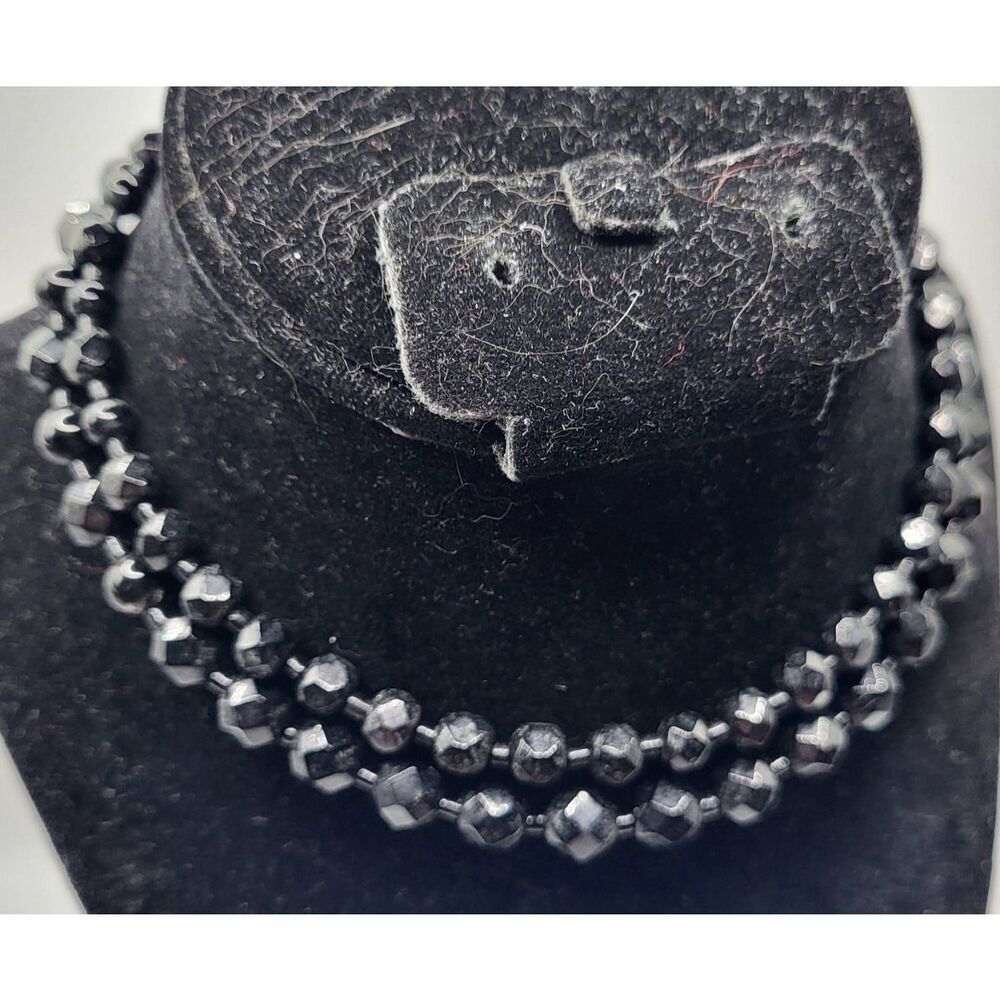 Vintage Antique Black Jet Faceted Crystal Glass Double Strand Necklace 14in